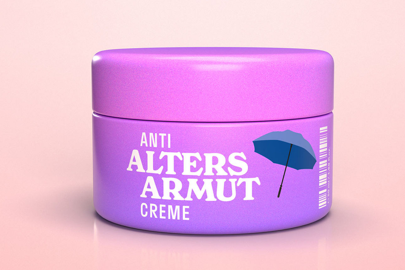 Eine pinke Cremedose mit der Aufschrift "Anti-Alters-Armut-Creme"