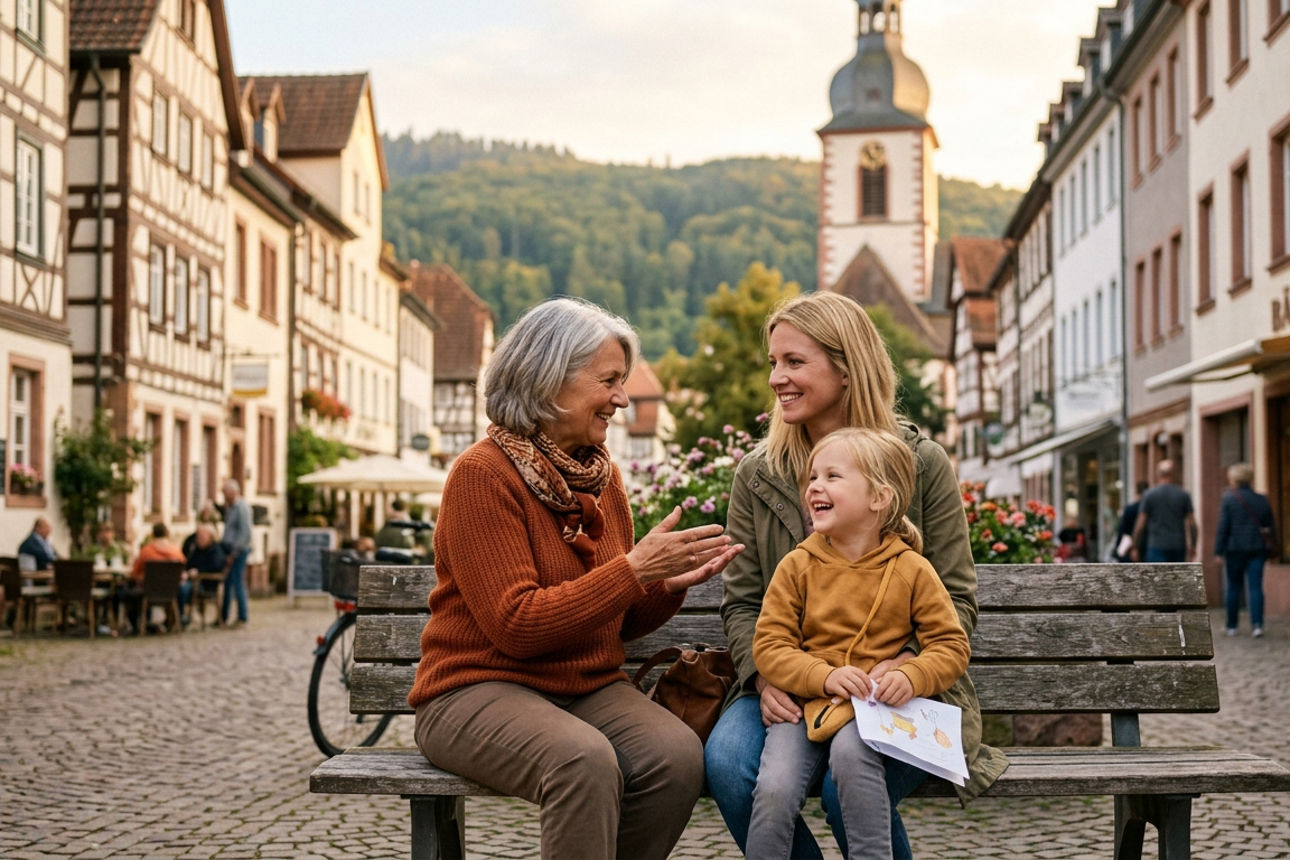 Eine Familie sitzt auf einer Bank auf dem Marktplatz