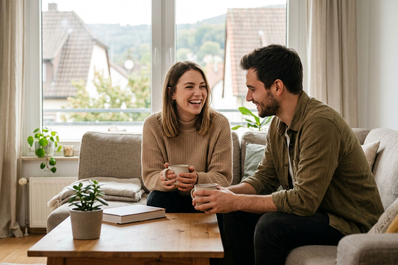 Frau und Mann zu Hause im Wohnzimmer