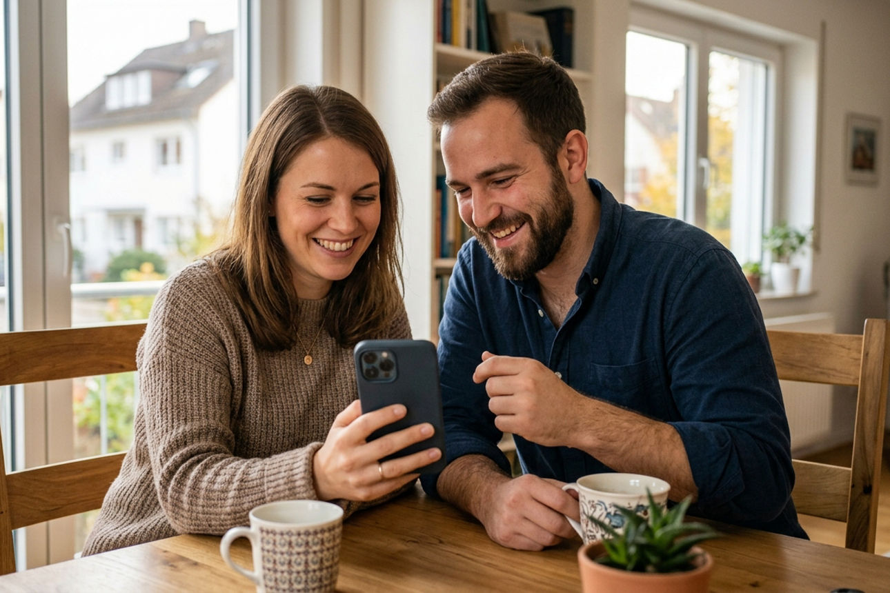 Frau und Mann zu Hause mit Smartphone