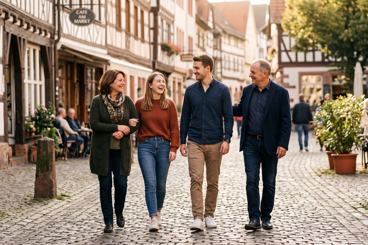 eine Familie geht in Weinheim spazieren