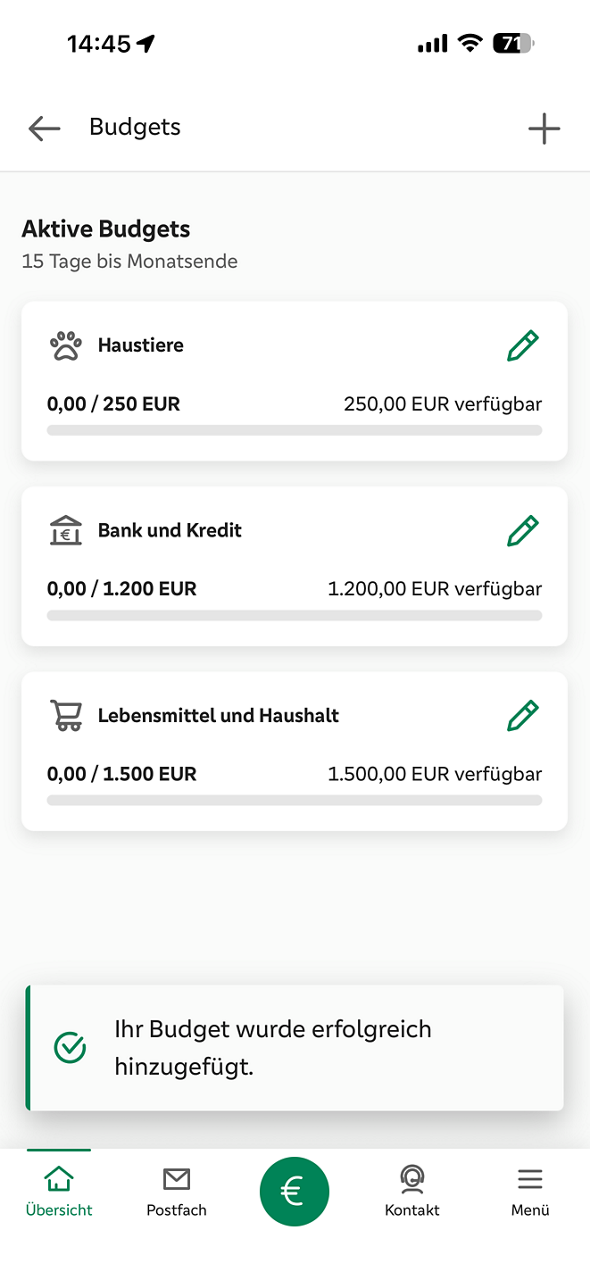 FinanzLotse Aktive Budgets in PSD BankingApp