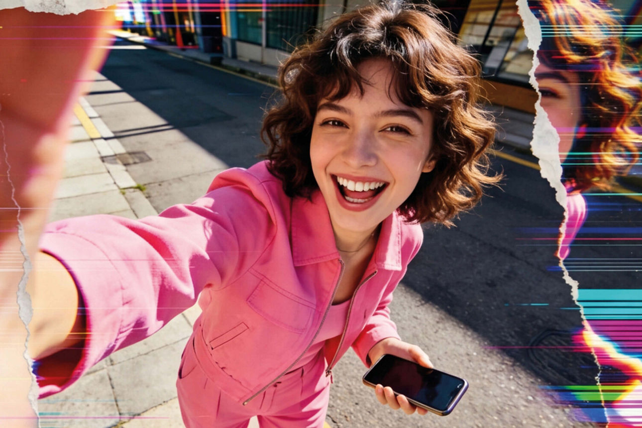 Eine junge Frau mit Smartphone in der Hand blickt ausgelassen lachend in die Kamera. 