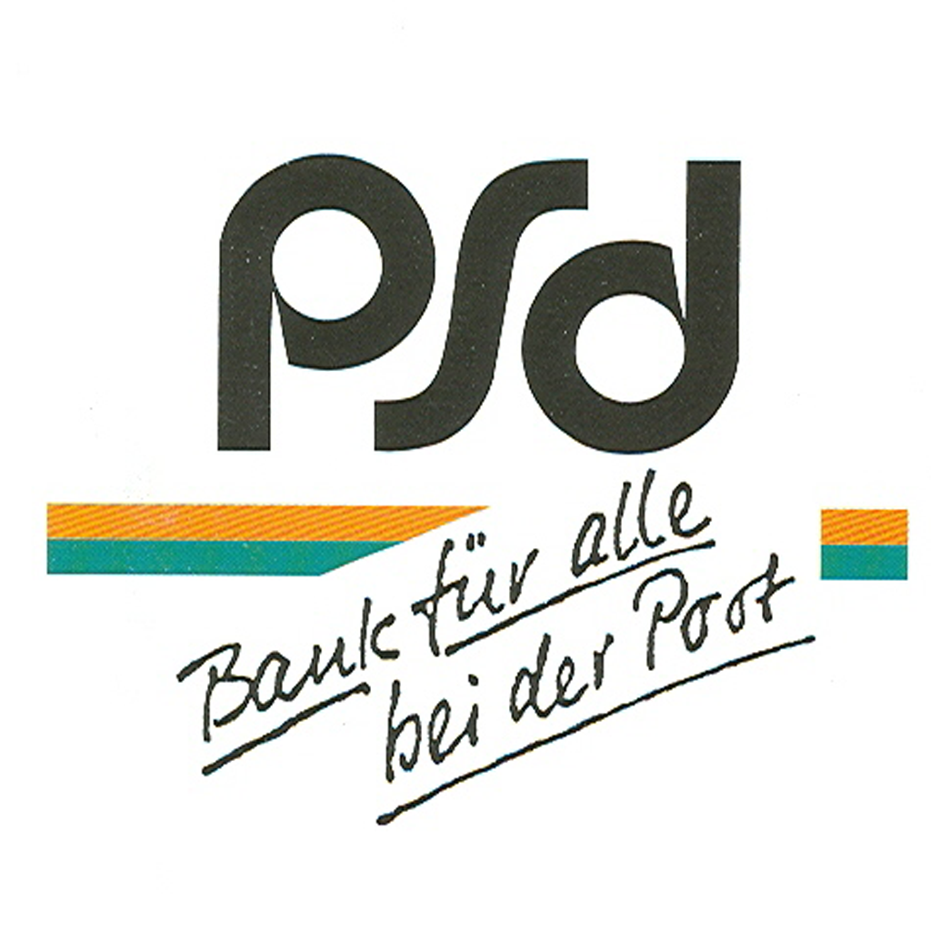 PSD-Schriftzug auf weißem Hintergrund, darunter der Slogan, 'Bank für alle bei der Port'