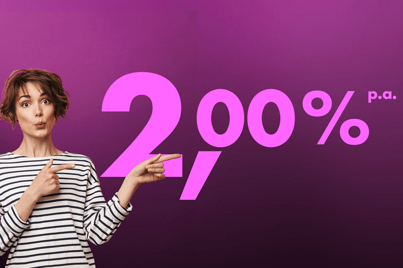 Frau zeigt auf Zinssatz von #MP_Kuendigungsgeld_Zinssatz_groesser_50TD# für das PSD KündigungsGeld