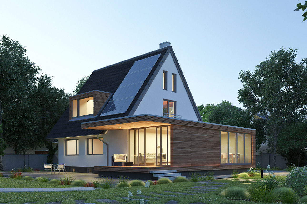 Einfamilienhaus mit weitläufigem Garten in der Dämmerung