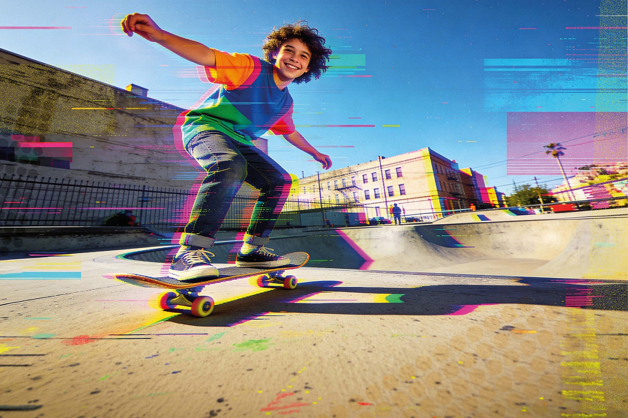 Ein Junge saust mit seinem Skateboard gut gelaunt eine Straße entlang.