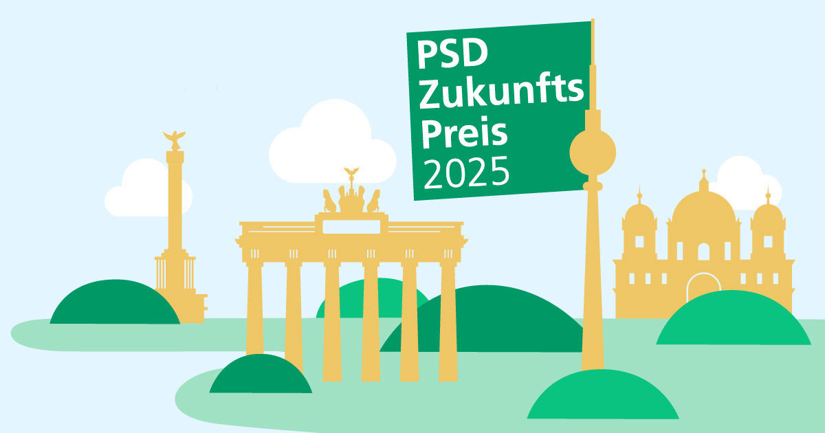 Logo des PSD ZukunftsPreises mit symbolischer Abbildung bekannter Berliner Bauwerke