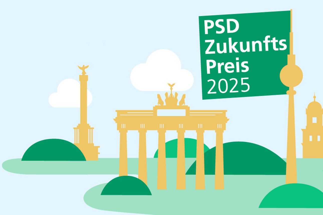 Logo des PSD ZukunftsPreises mit symbolischer Abbildung bekannter Berliner Bauwerke