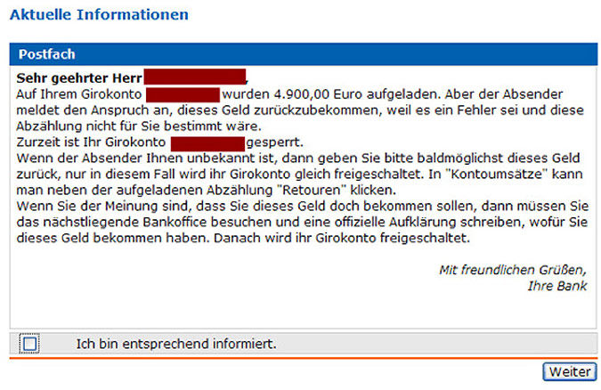 Screenshot Rücküberweisung