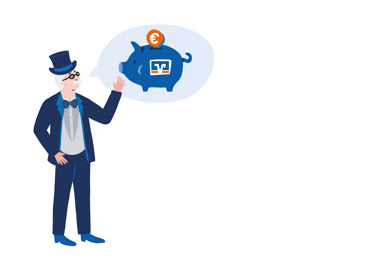 Grafik eines Herren und eines Sparschweins