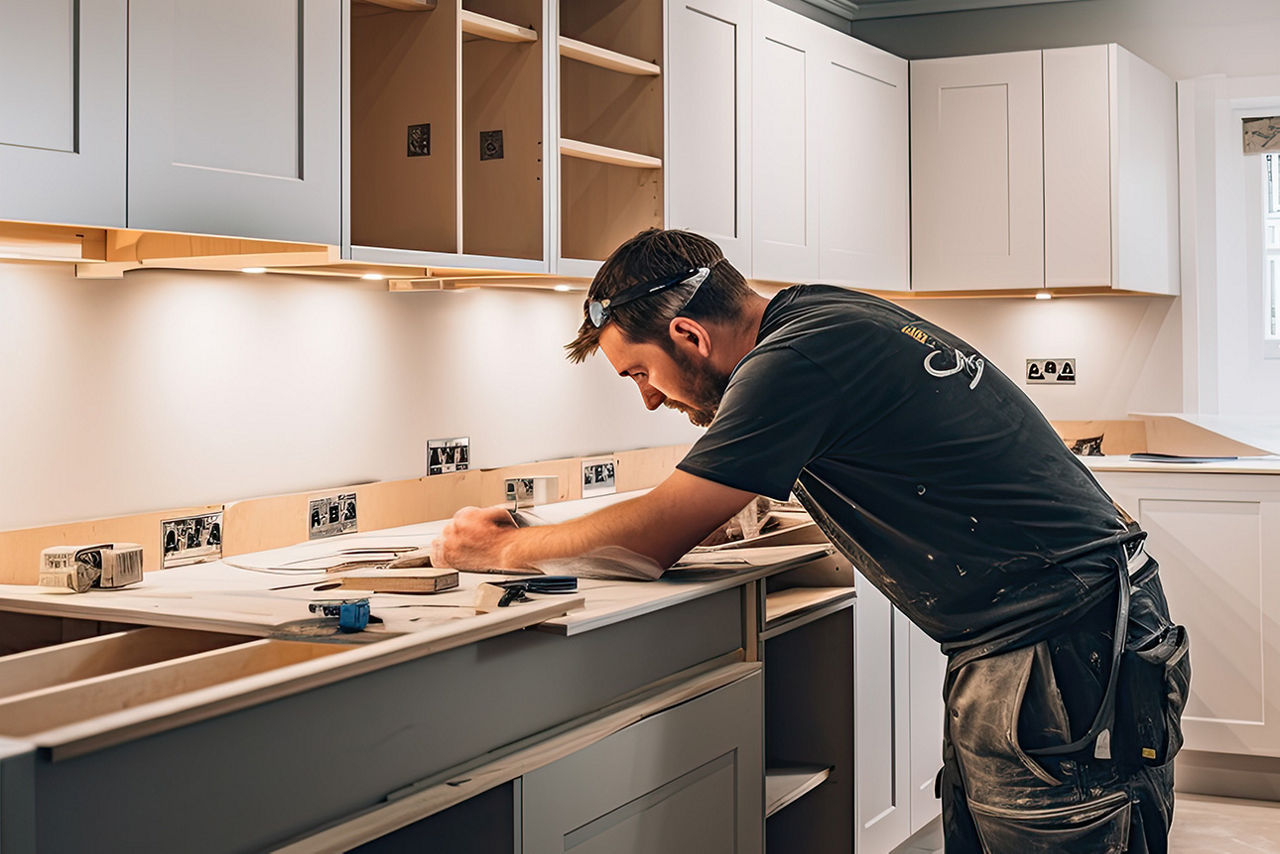 Handwerker baut und misst eine neue Küche aus. 