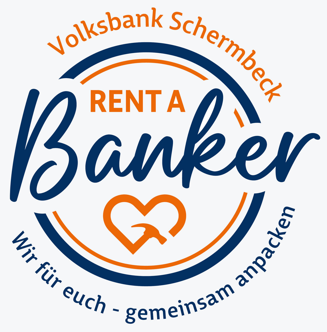 Logo Rent a Banker - Mit Schriftzug in blau und orange: Volksbank Schermbeck - Wir für euch - gemeinsam anpacken
