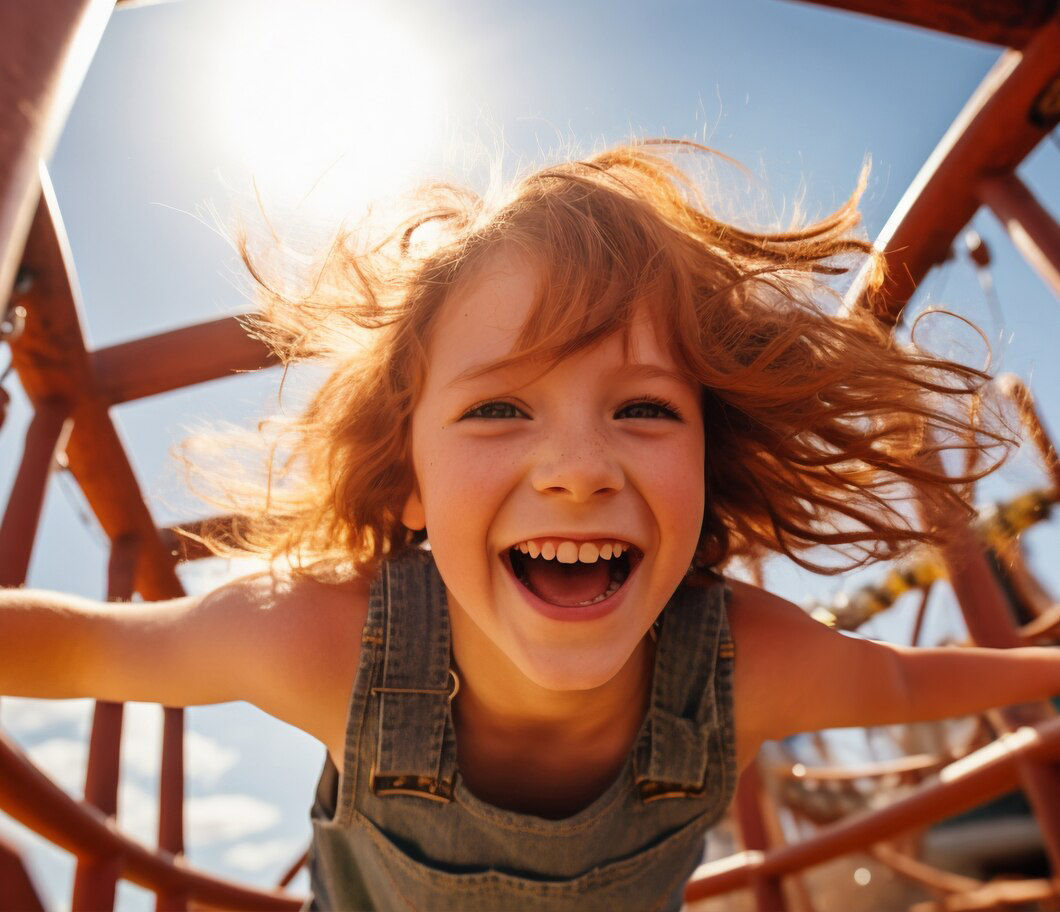 Kind hängt lachend kopfüber im Klettergerüst.