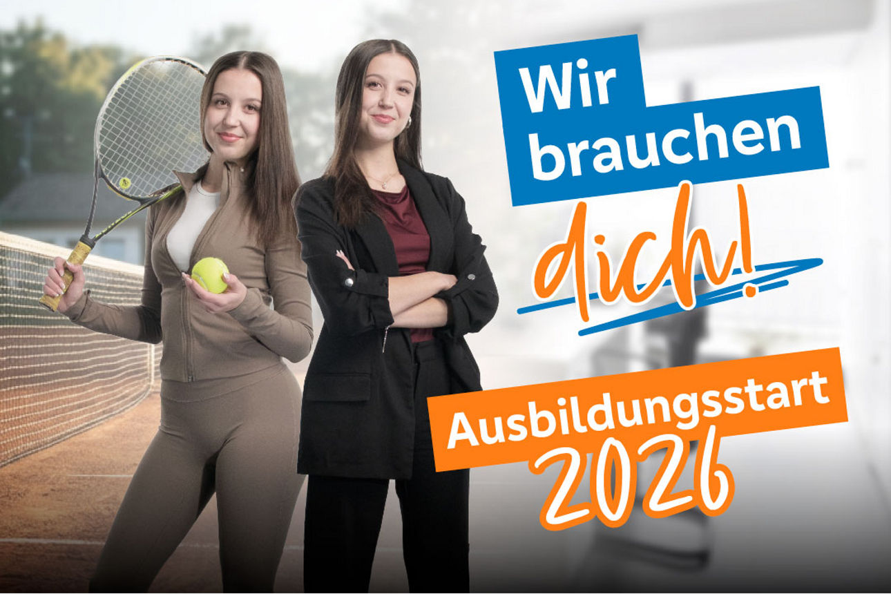 Eine junge Frau ist zweimal abgebildet. Einmal in der Freizeit beim Tennisspielen und einmal bei ihrer Karriere als Bankerin