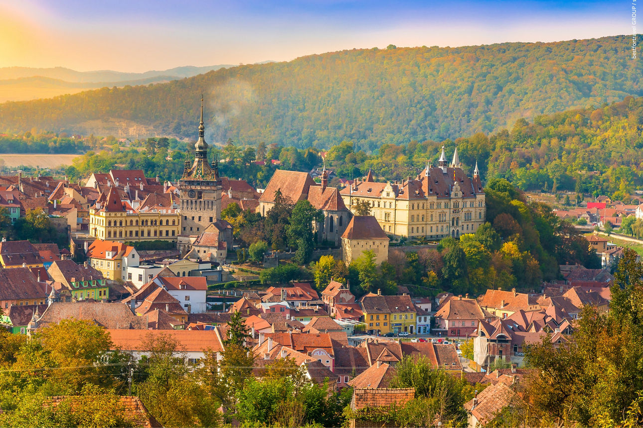 Panoramic view over the medieval fortress Sighisoara city, Transylvania, Romania