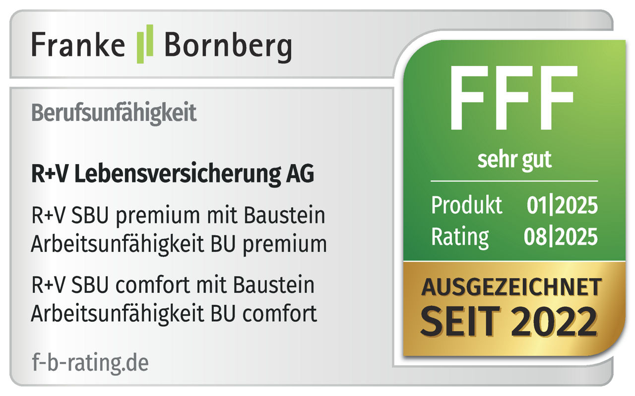 Siegel Franke Bornberg, R+V Lebensversicherung zum Thema Berufsunfähigkeitsversicherung. Mit sehr gut ausgezeichnet seit 2022