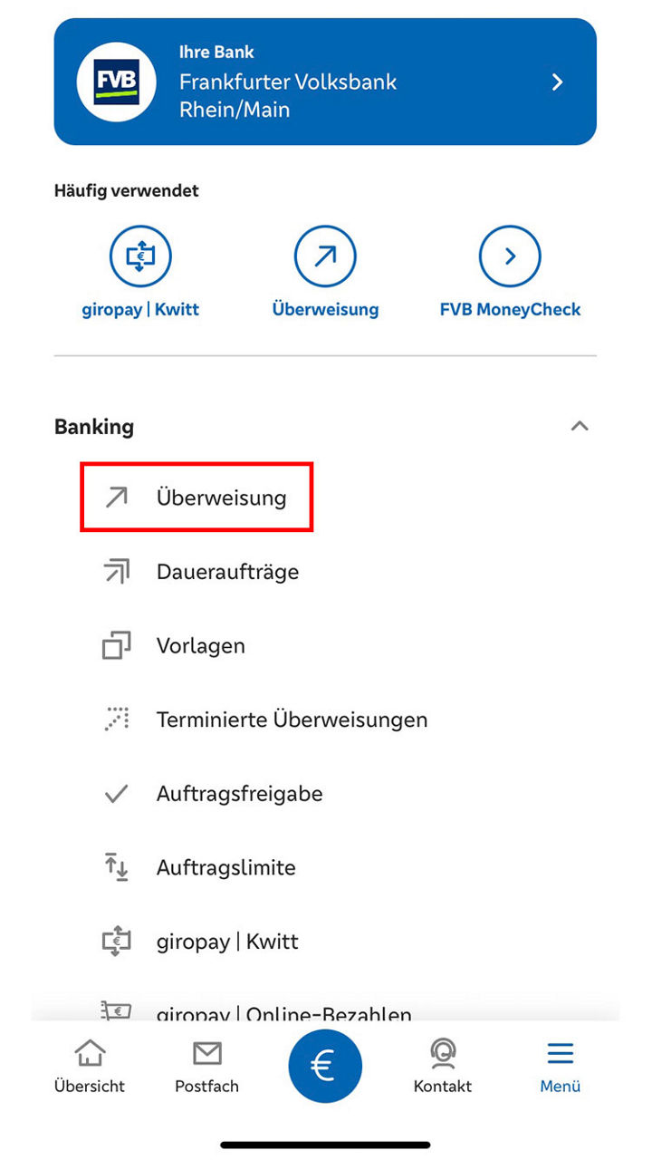 Scan2Bank in der FVB Banking App unter Überweisung aufrufen