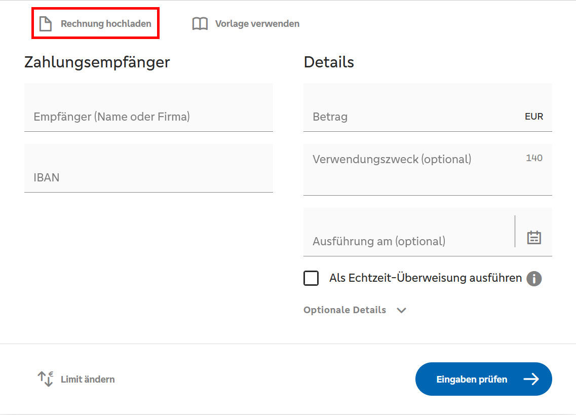 Scan2Bank im Online Banking unter "Rechnung hochladen"
