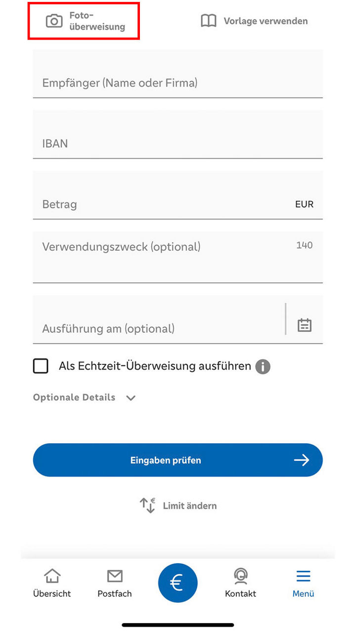 Scan2Bank in der FVB Banking App unter Foto-Überweisung aufrufen