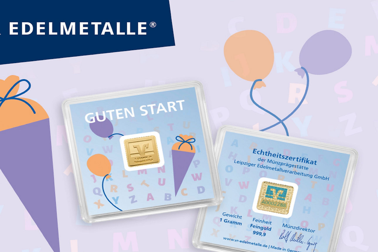 Werbegrafik für VR Edelmetalle mit Geschenkverpackung, Wimpel, Broschüre „Guten Start“ und Ausweiskarte.