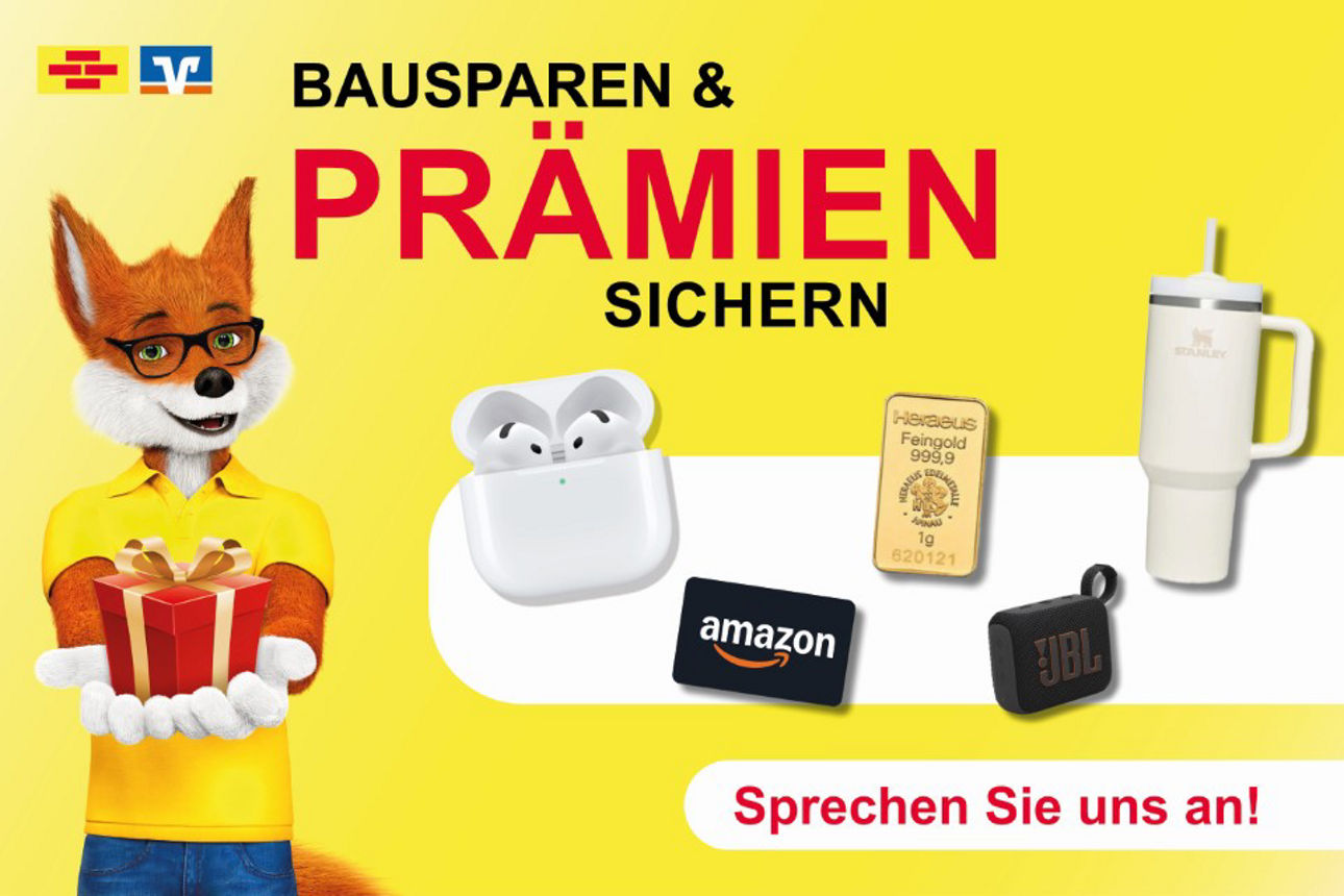 Illustration des "Bauspar" Fuchs mit Geschenk in der Hand. Text: " Bausparen und Prämien sichern"