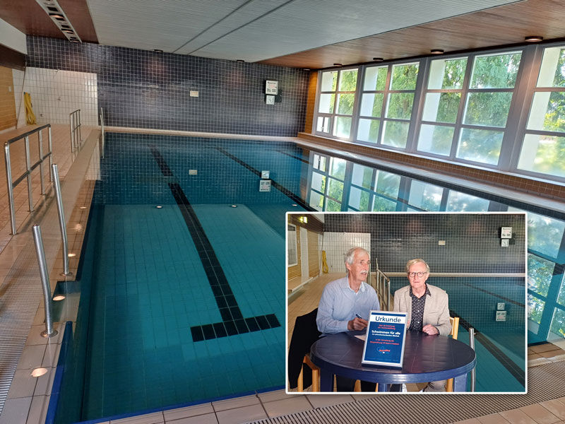 Collage des Lehrschwimmbekens und der Urkundenunterzeichung