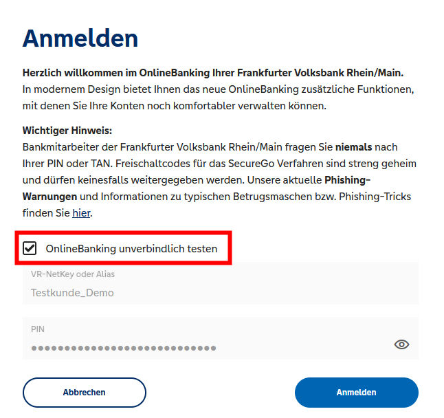 Screenshot aus dem OnlineBanking Testumfeld, um zu den Demos zu gelangen