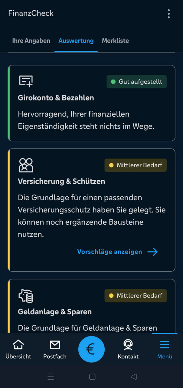 Screenshot der VR Banking App zeigt die Darstellung des FinanzChecks
