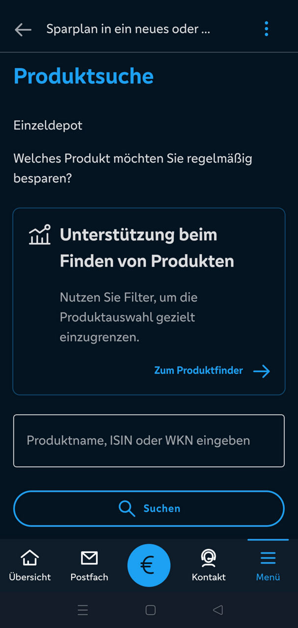 Screenshot der VR Banking App zeigt die Darstellung des Produktfinders