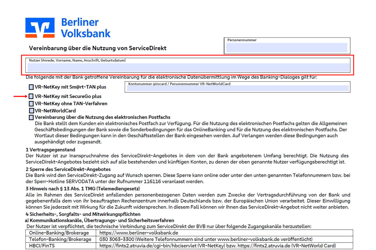 Screenshot der Vereinbarung über die Nutzung von ServiceDirekt mit markierten Feldern, die ausgefüllt werden müssen.