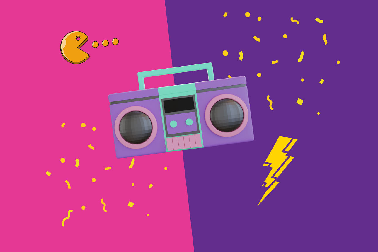 Lautsprecher vor einem pink/lila gefärbten Hintergrund