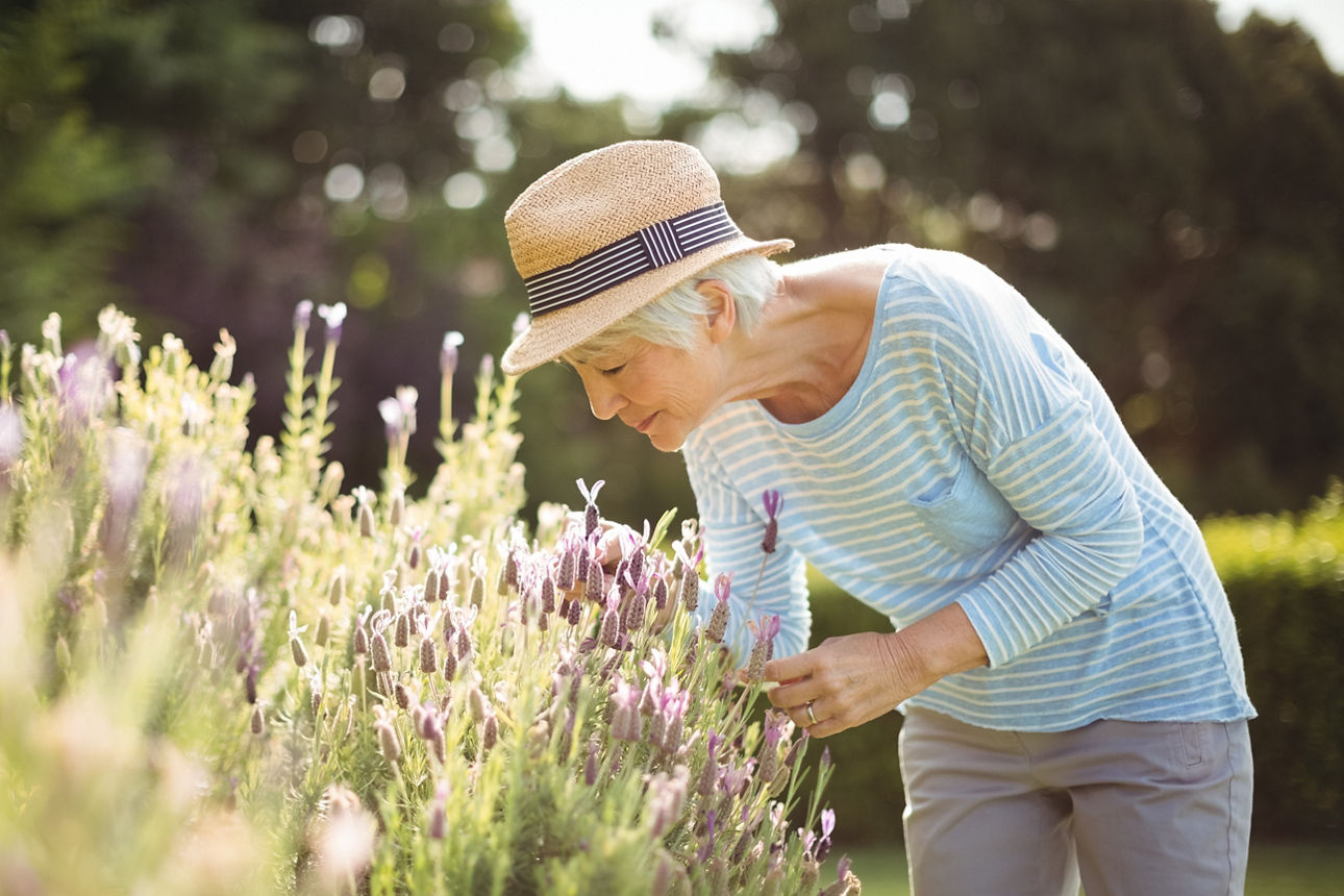 Älterne Frau riecht im Garten an Blumen und lächelt