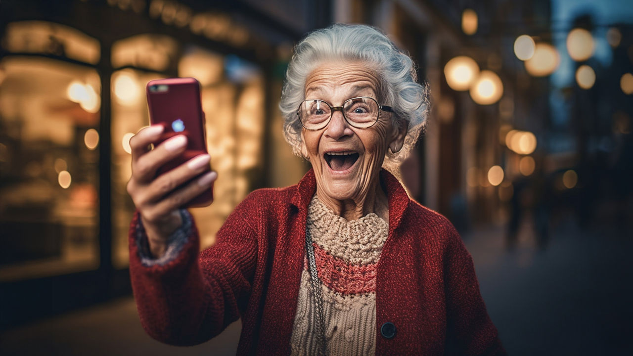 Seniorin schaut begeistert aufs Handy.
