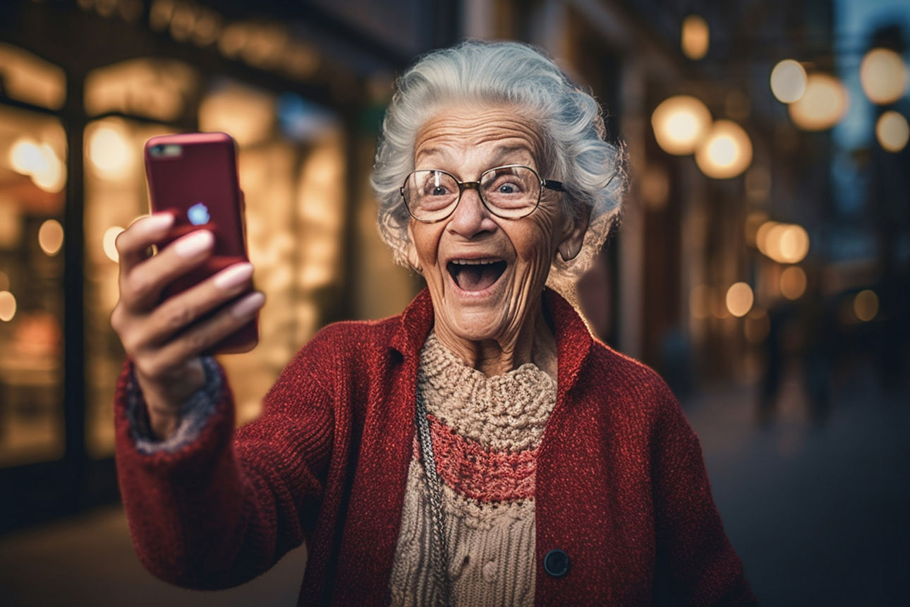 Seniorin schaut begeistert aufs Handy.