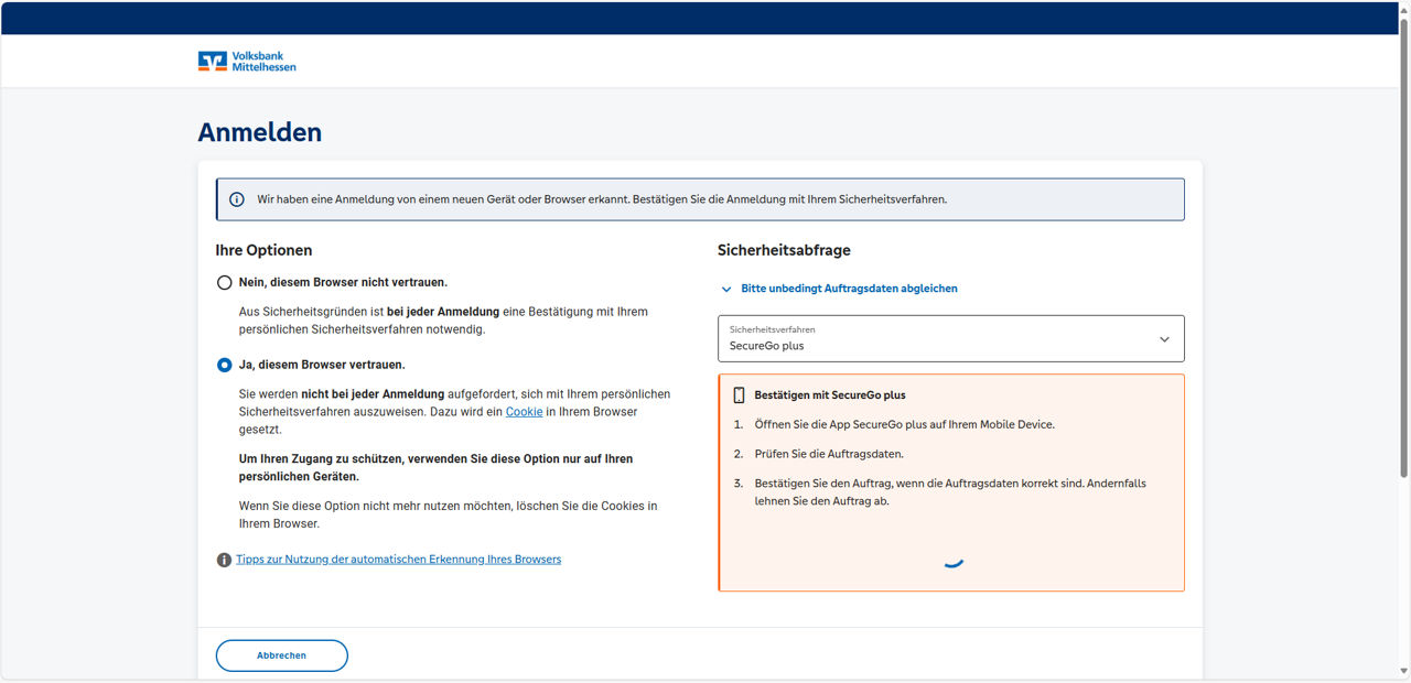 Screenshot einer Beispielabfrage beim Login