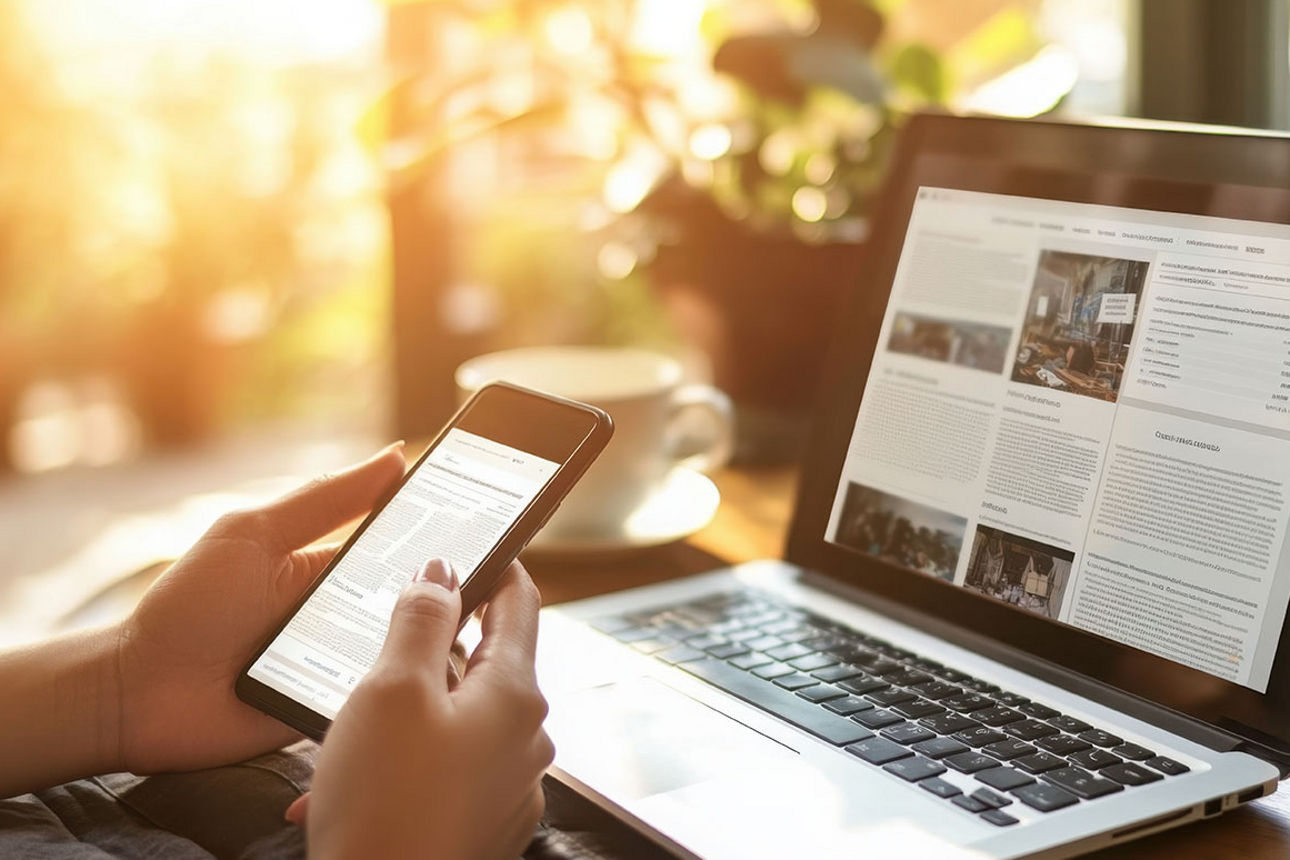 Person liest auf laptop und Handy