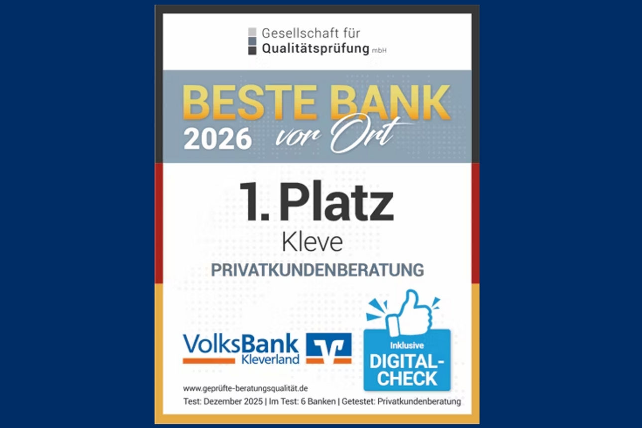 Siegel: 1. Platz Beste Bank 2026 vor Ort in Kleve