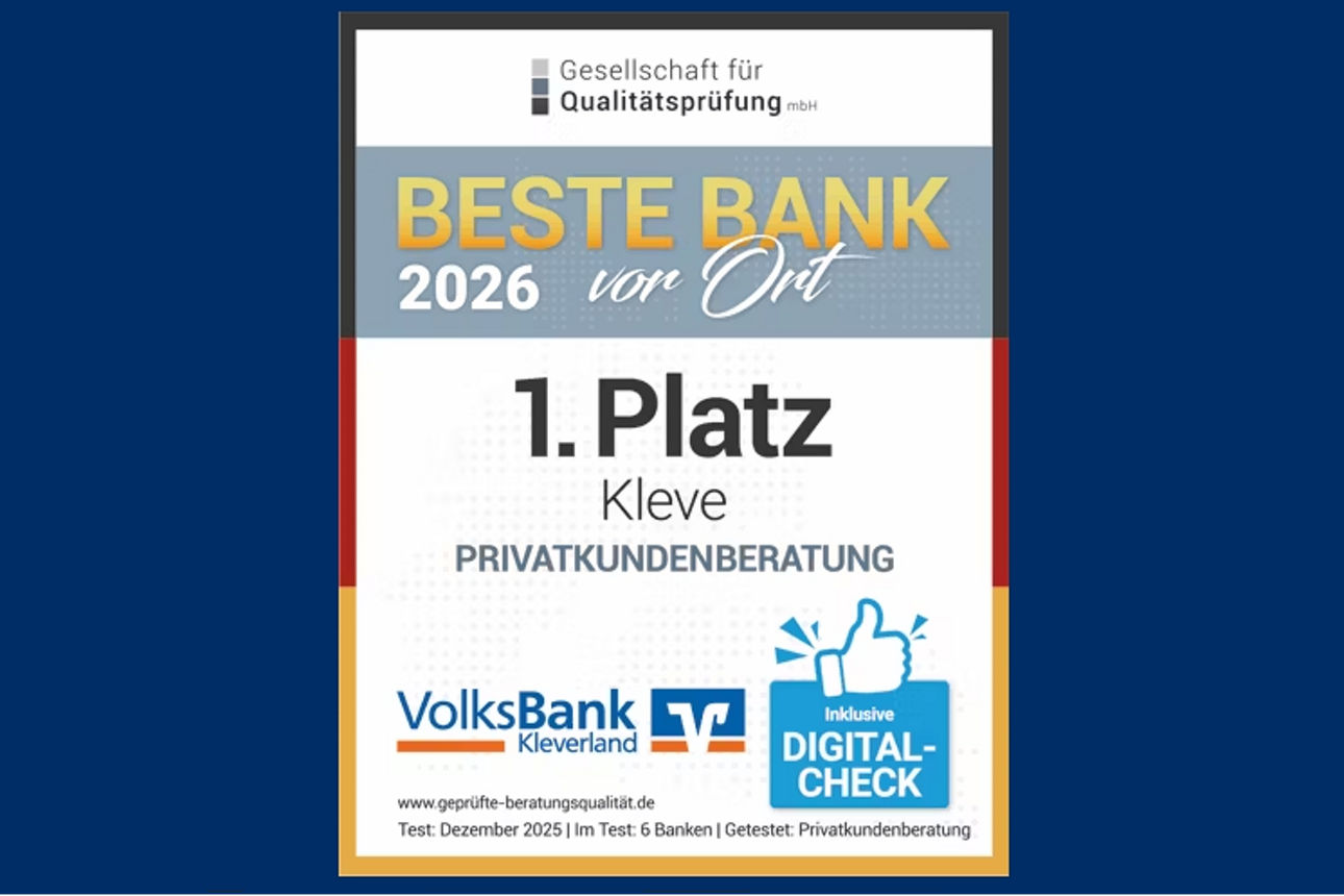 Siegel: 1. Platz Beste Bank 2026 vor Ort in Kleve