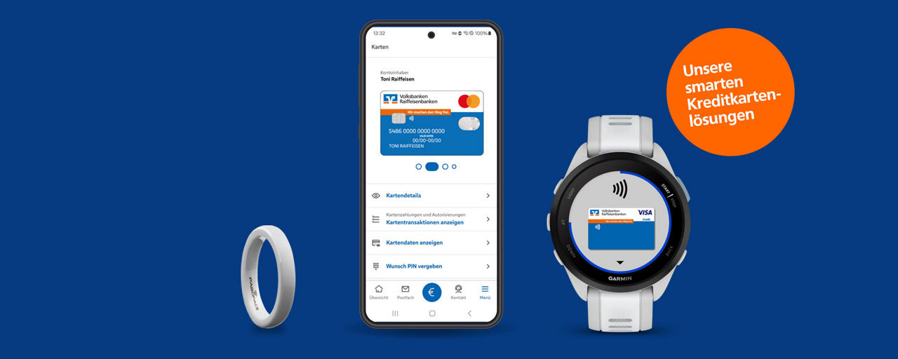 Smart bezahlen mit Bezahlring, der VR Banking App und  Smartwatch