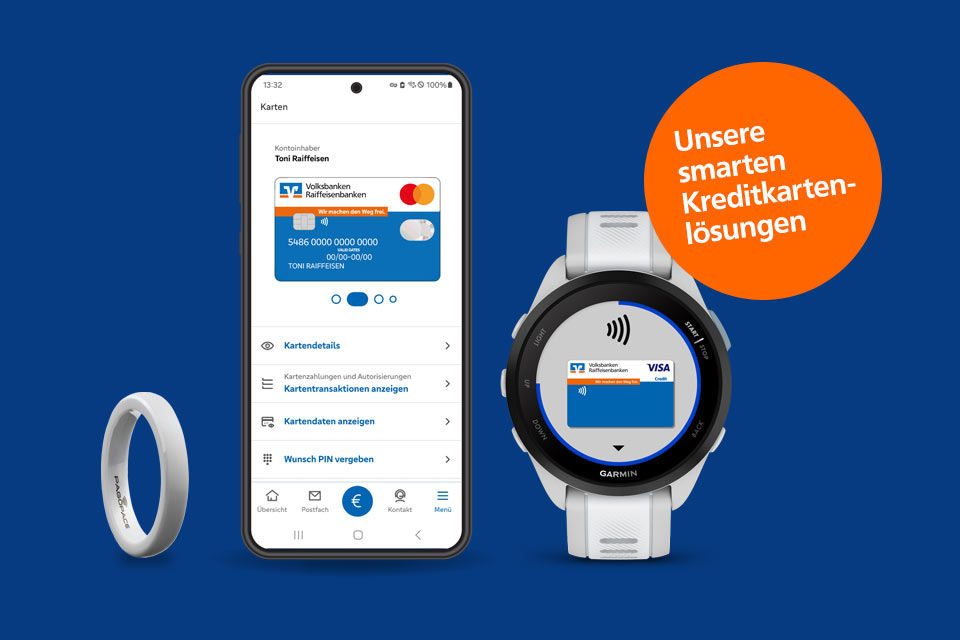 Abbildung eines Bezahlrings, eines Smartphones mit der VR Banking App und einer Smartwatch