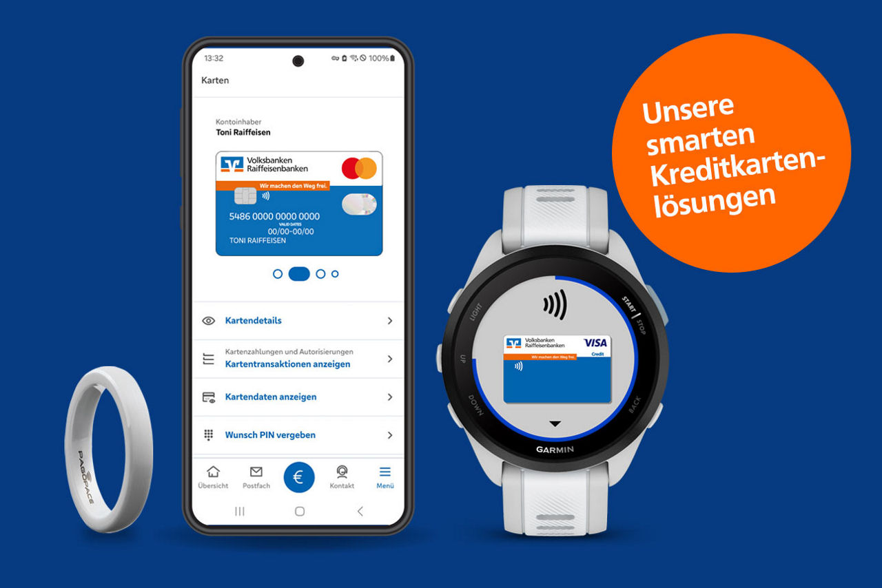 Abbildung eines Bezahlrings, eines Smartphones mit der VR Banking App und einer Smartwatch