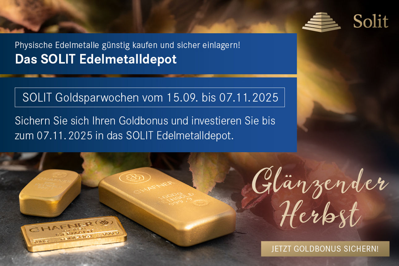 Solit Edelmetalldepot: Glänzender Herbst, Goldbarren und Herbstblätter