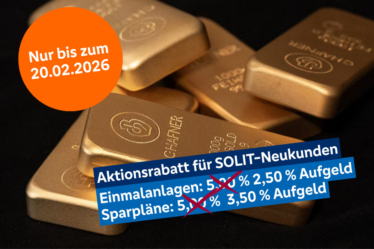 Fünf Goldbarren mit einem Gewicht von je 1.000 Gramm