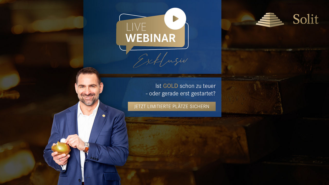 Mann mit einem Schwein aus Gold in der Hand, welcher zu einem Webinar einläd