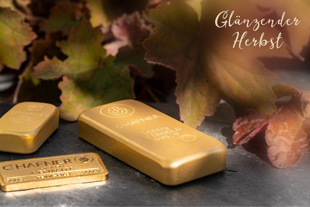 Goldbarren in verschiedenen Größen neben herbstlichen Blättern