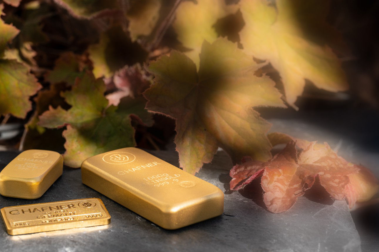 Goldbarren und Laub
