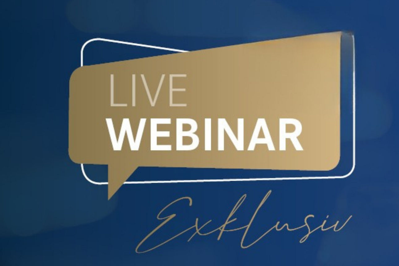 Werbegrafik für ein Live‑Webinar über Gold mit Texthinweisen und Person, die einen Goldbarren hält.