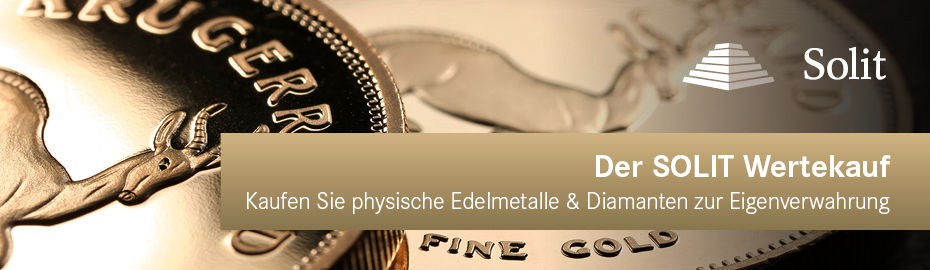 Goldmünzen und das SOLIT-Wertekauf-Logo, das auf einen Edelmetall-Anlageservice hinweist.