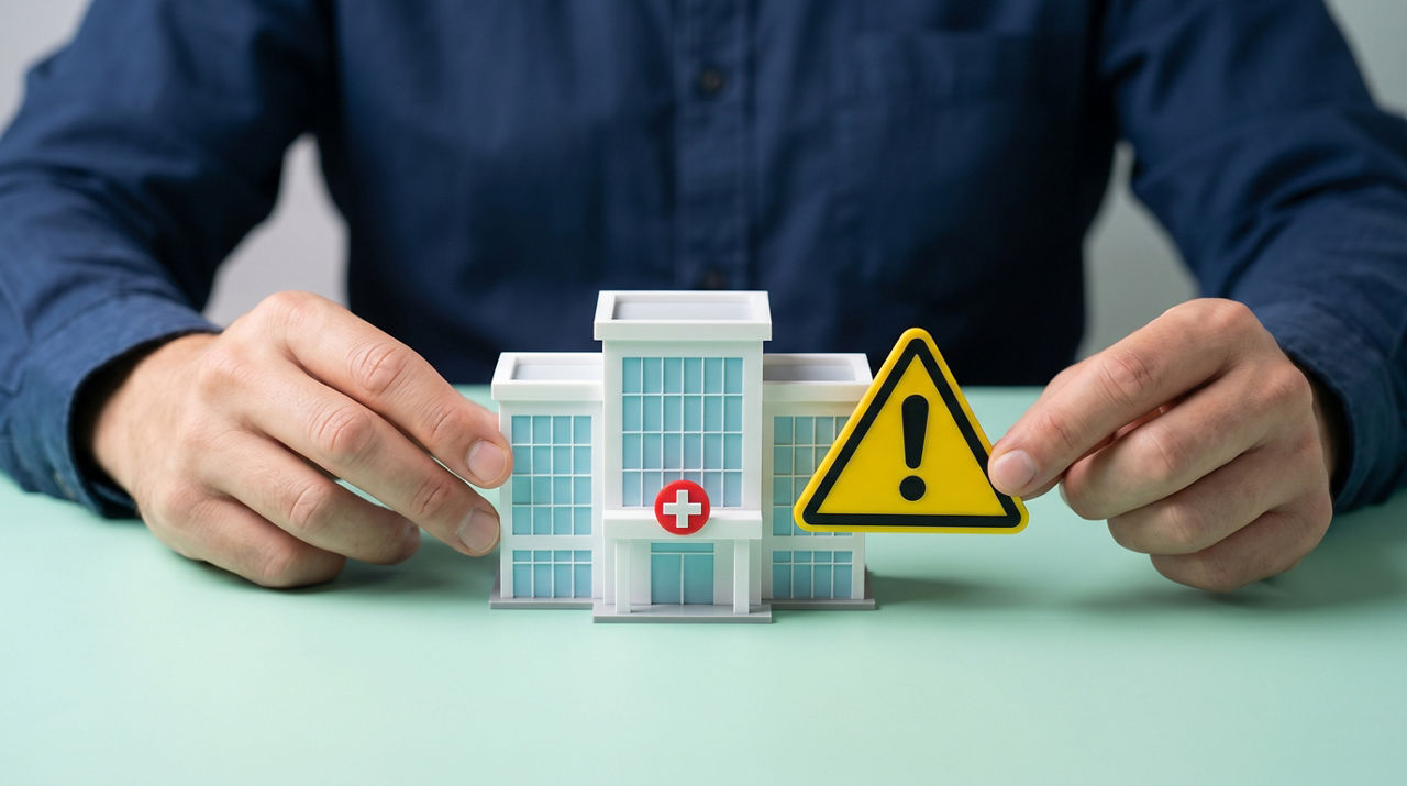 Hände halten ein Krankenhaus mit gelbem Warnschild in die Kamera